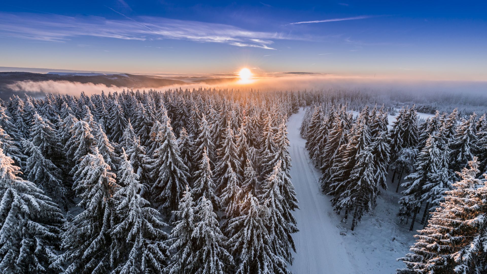 Masserberg / Schleusegrund: Verschneiter Thüringer Wald bei Sonnenaufgang / Sonnenuntergang