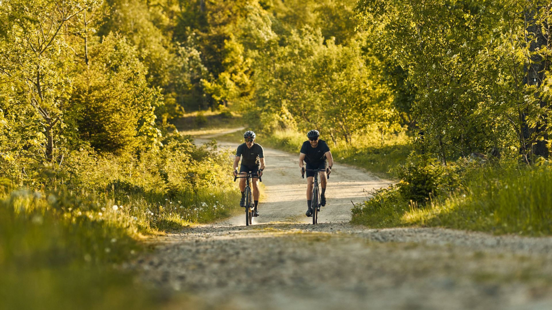 Dos ciclistas de gravel recorren un camino de grava a través del paisaje verde y boscoso de Sauerland en un día soleado.